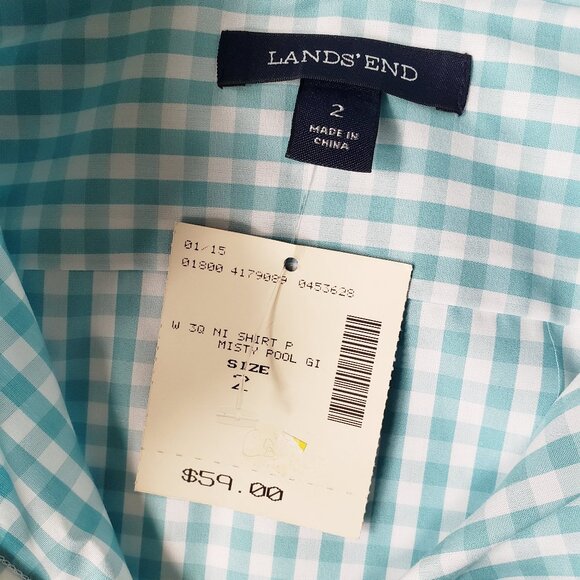 Lands' End Supima Cotton Aqua Gingham 3/4 Sleeve Button Up Shirt - Picture 4 of 11